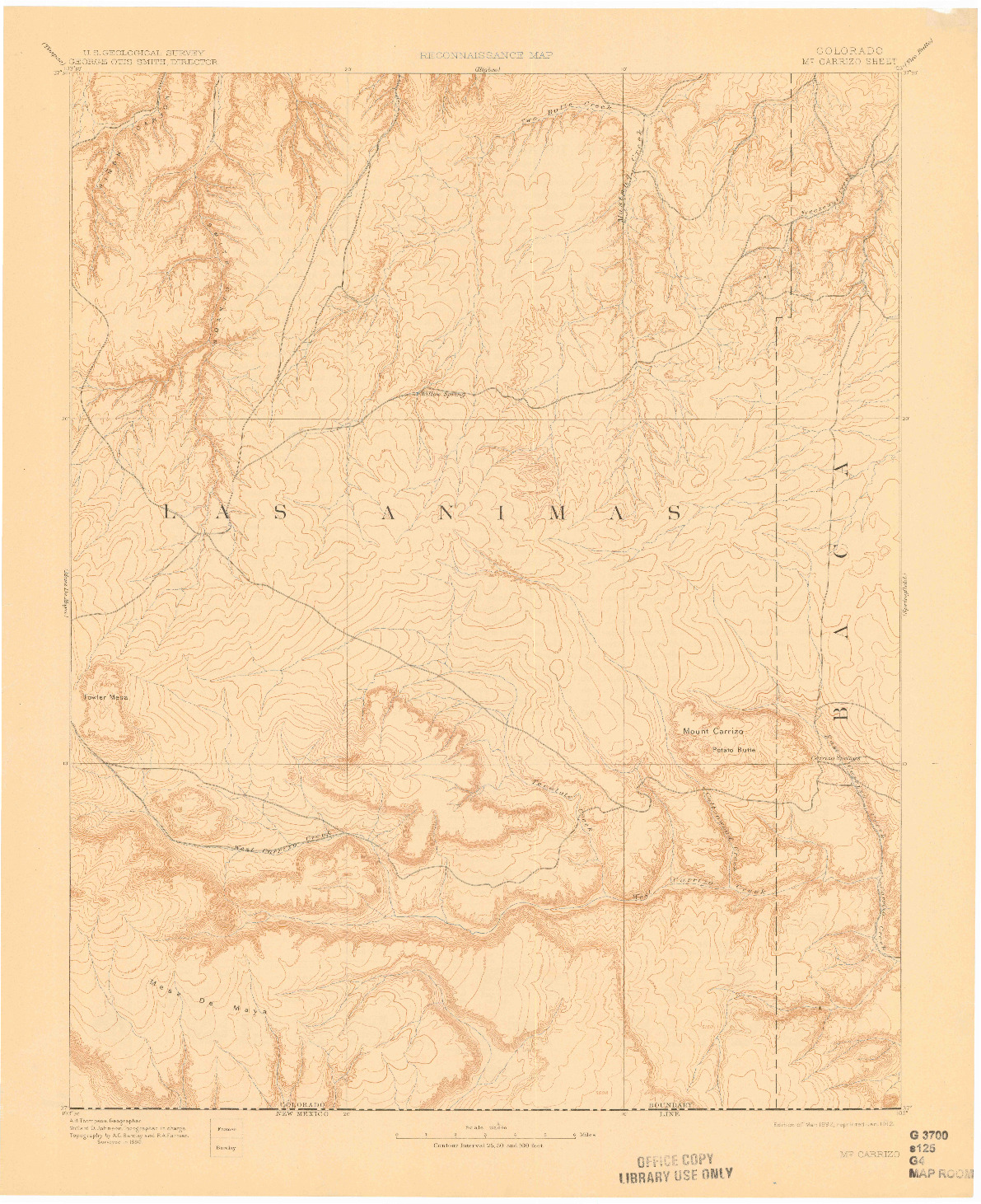 USGS 1:125000-SCALE QUADRANGLE FOR MT CARRIZO, CO 1892