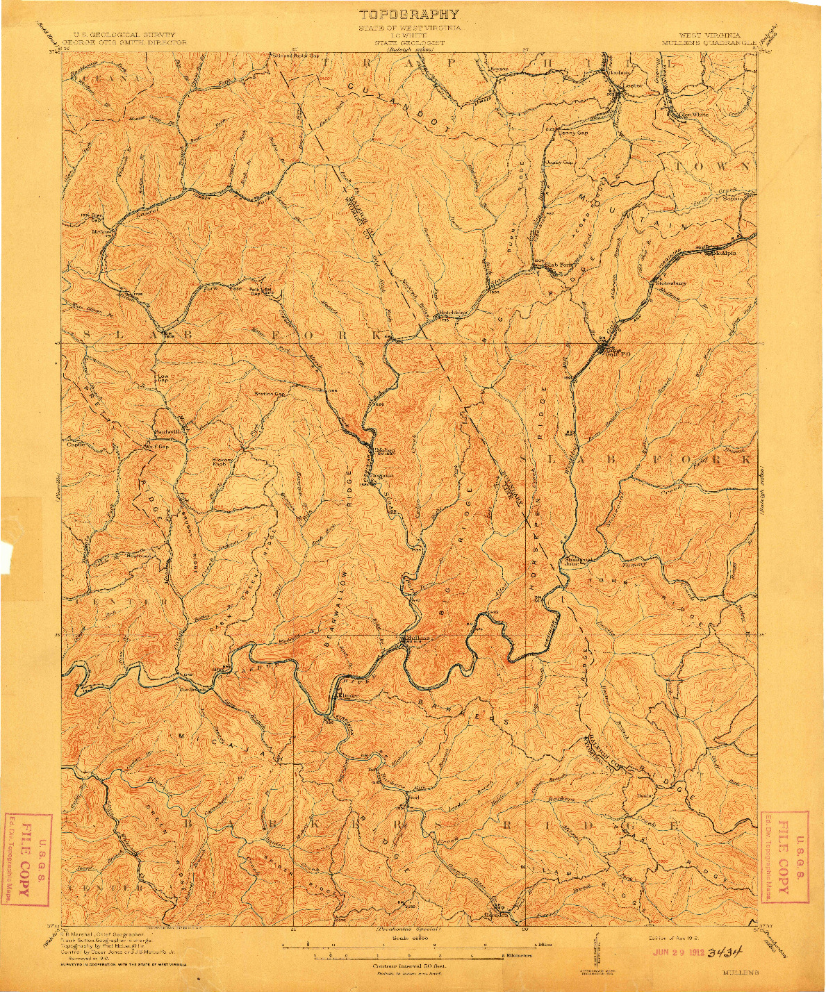 USGS 1:62500-SCALE QUADRANGLE FOR MULLENS, WV 1912