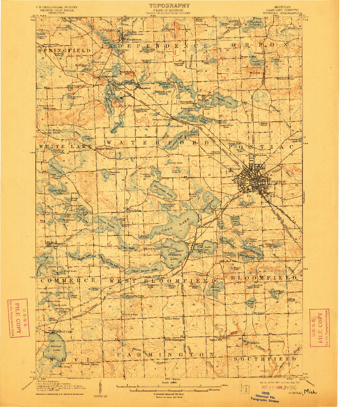 USGS 1:62500-SCALE QUADRANGLE FOR PONTIAC, MI 1907