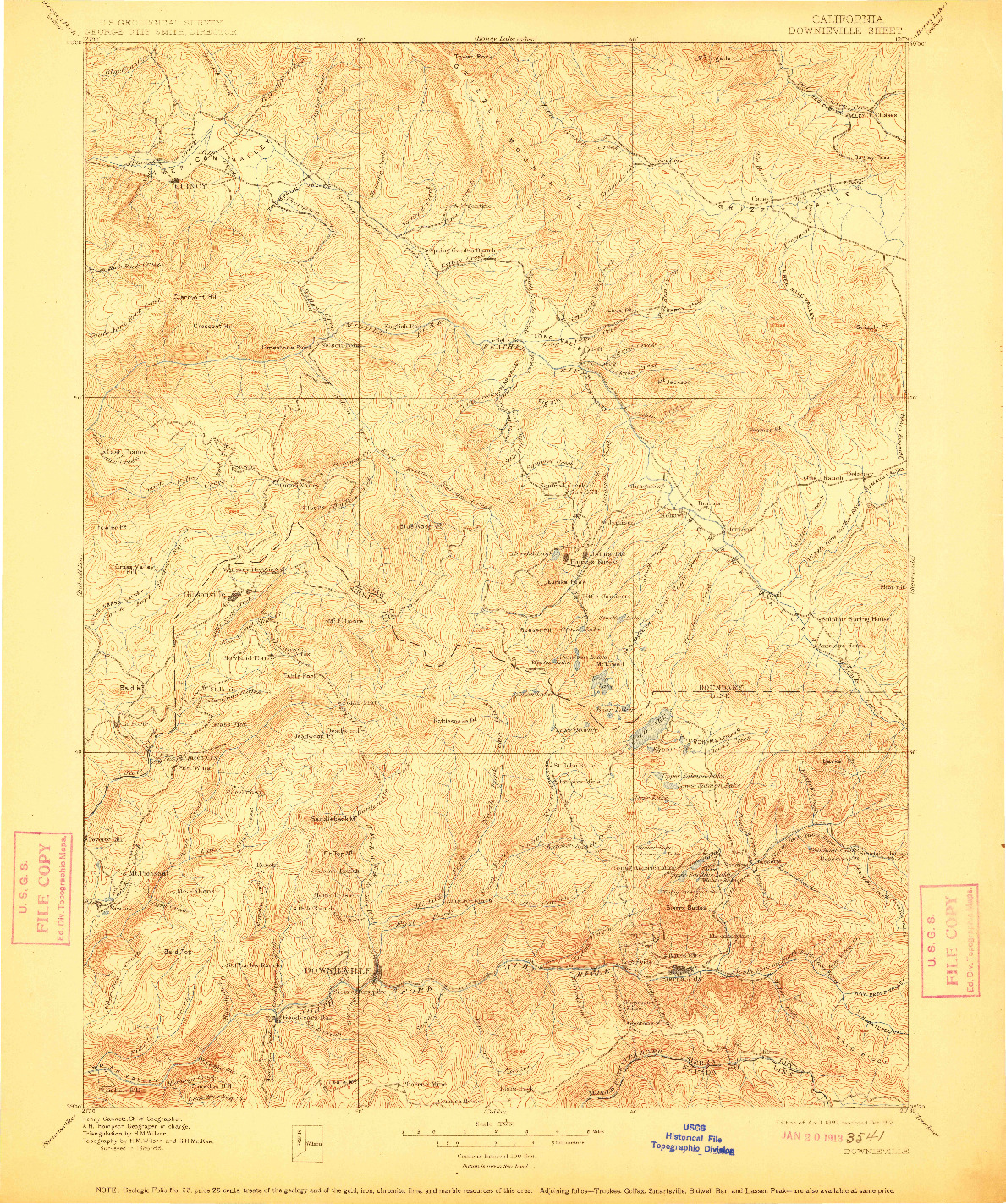 USGS 1:125000-SCALE QUADRANGLE FOR DOWNIEVILLE, CA 1897