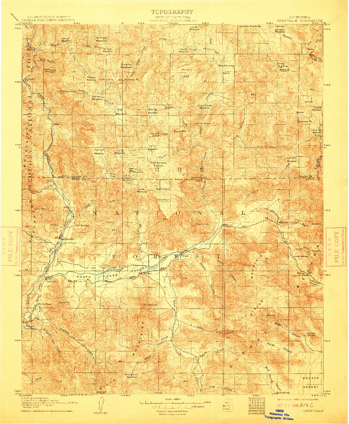 USGS 1:125000-SCALE QUADRANGLE FOR KERNVILLE, CA 1908