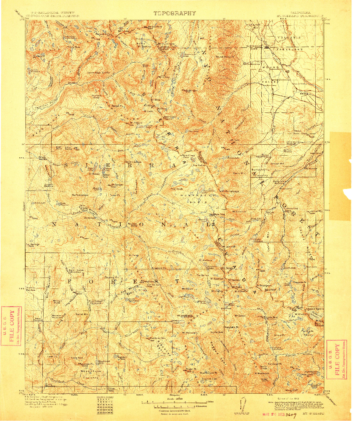 USGS 1:125000-SCALE QUADRANGLE FOR MT. GODDARD, CA 1912