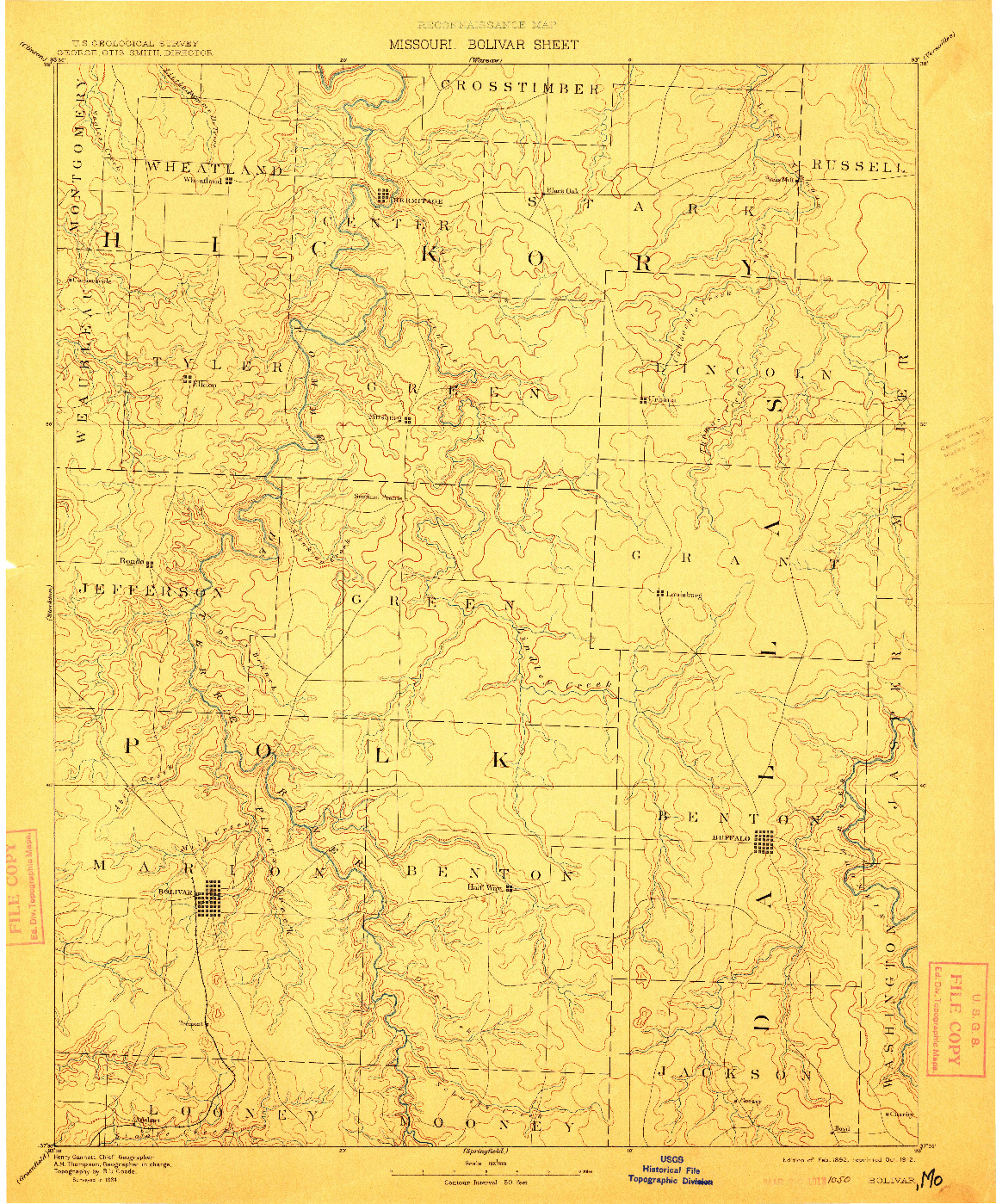 USGS 1:125000-SCALE QUADRANGLE FOR BOLIVAR, MO 1892