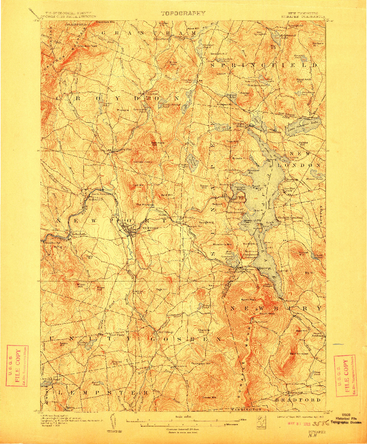 USGS 1:62500-SCALE QUADRANGLE FOR SUNAPEE, NH 1907