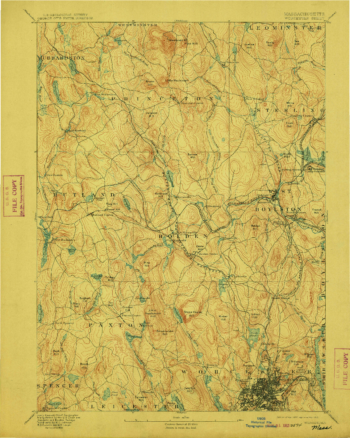 USGS 1:62500-SCALE QUADRANGLE FOR WORCESTER, MA 1892