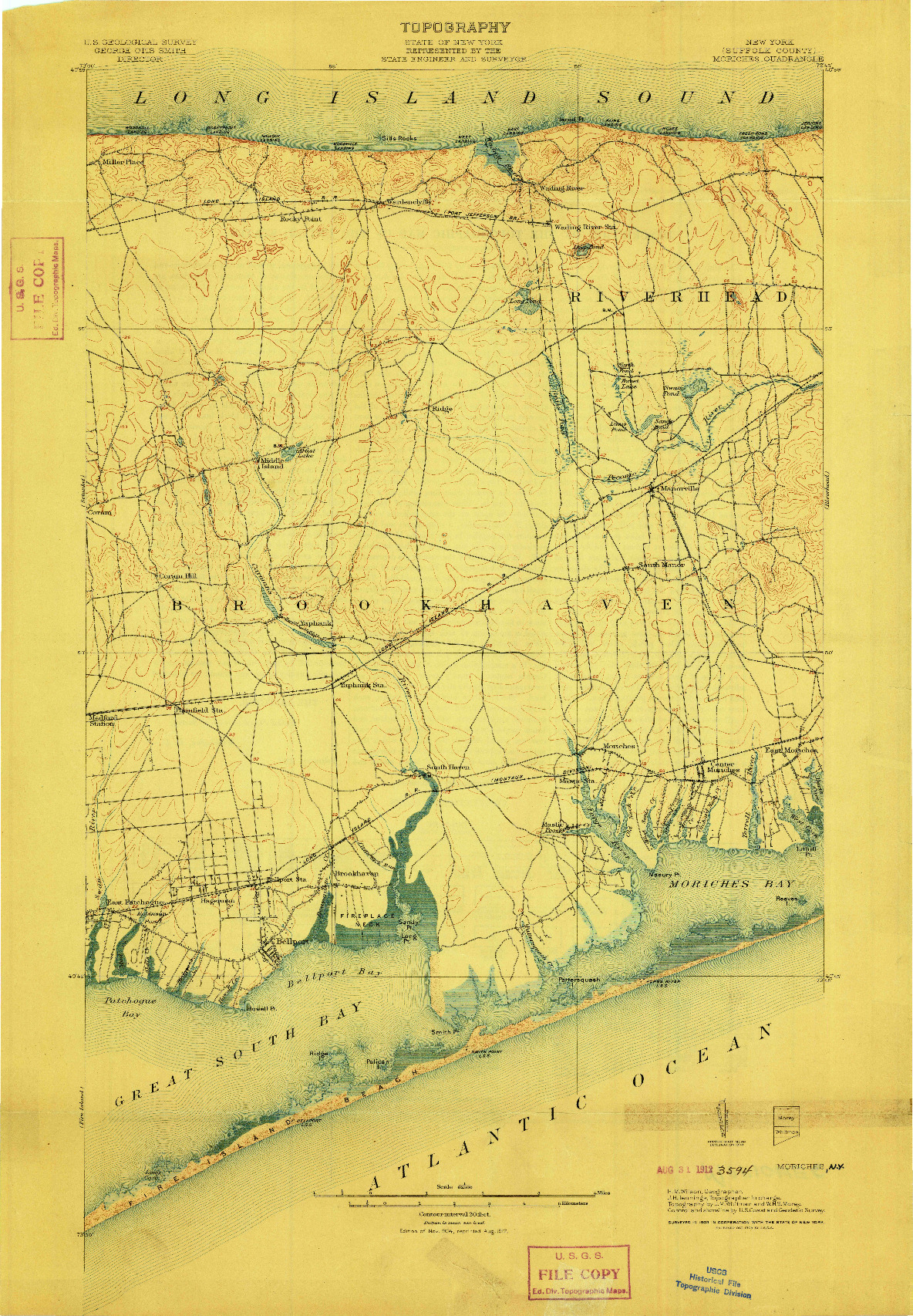 USGS 1:62500-SCALE QUADRANGLE FOR MORICHES, NY 1904