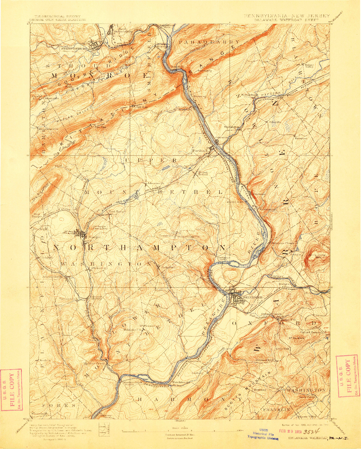 USGS 1:62500-SCALE QUADRANGLE FOR DELAWARE WATERGAP, PA 1893