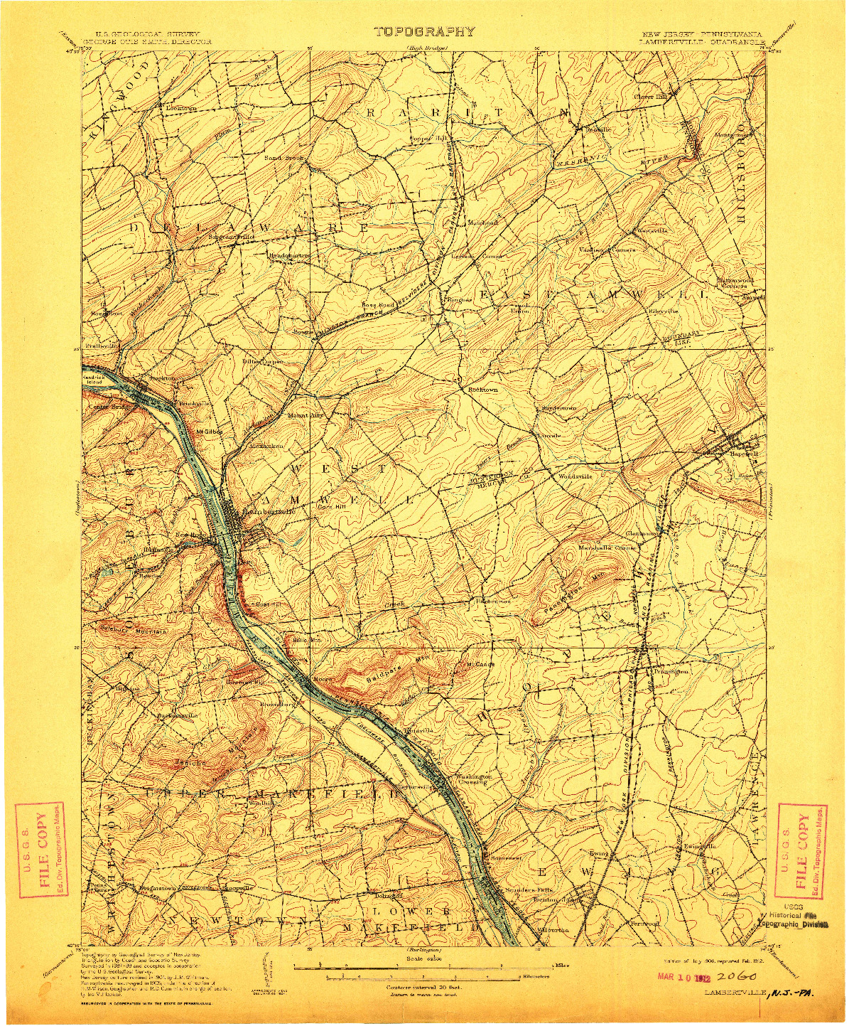 USGS 1:62500-SCALE QUADRANGLE FOR LAMBERTVILLE, NJ 1906