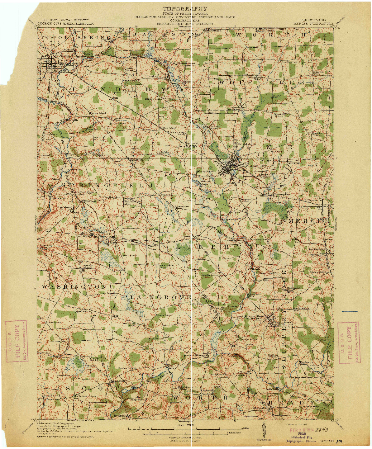 USGS 1:62500-SCALE QUADRANGLE FOR MERCER, PA 1913