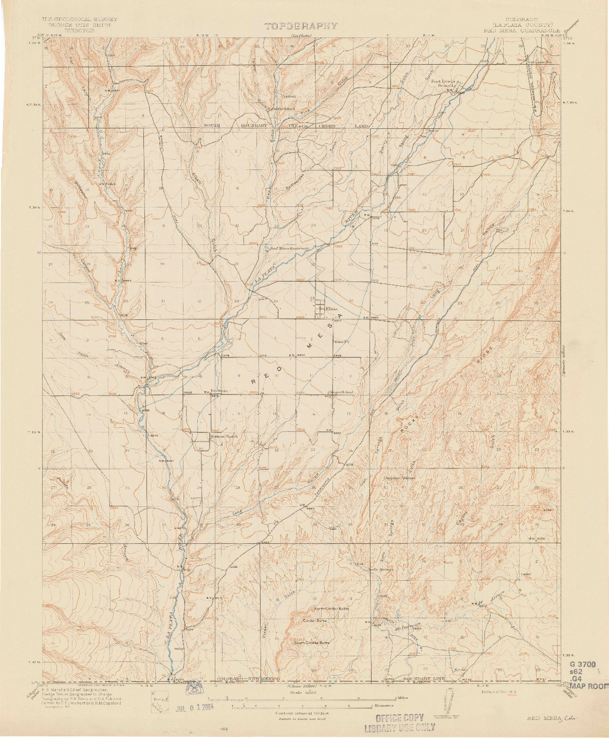 USGS 1:62500-SCALE QUADRANGLE FOR RED MESA, CO 1913