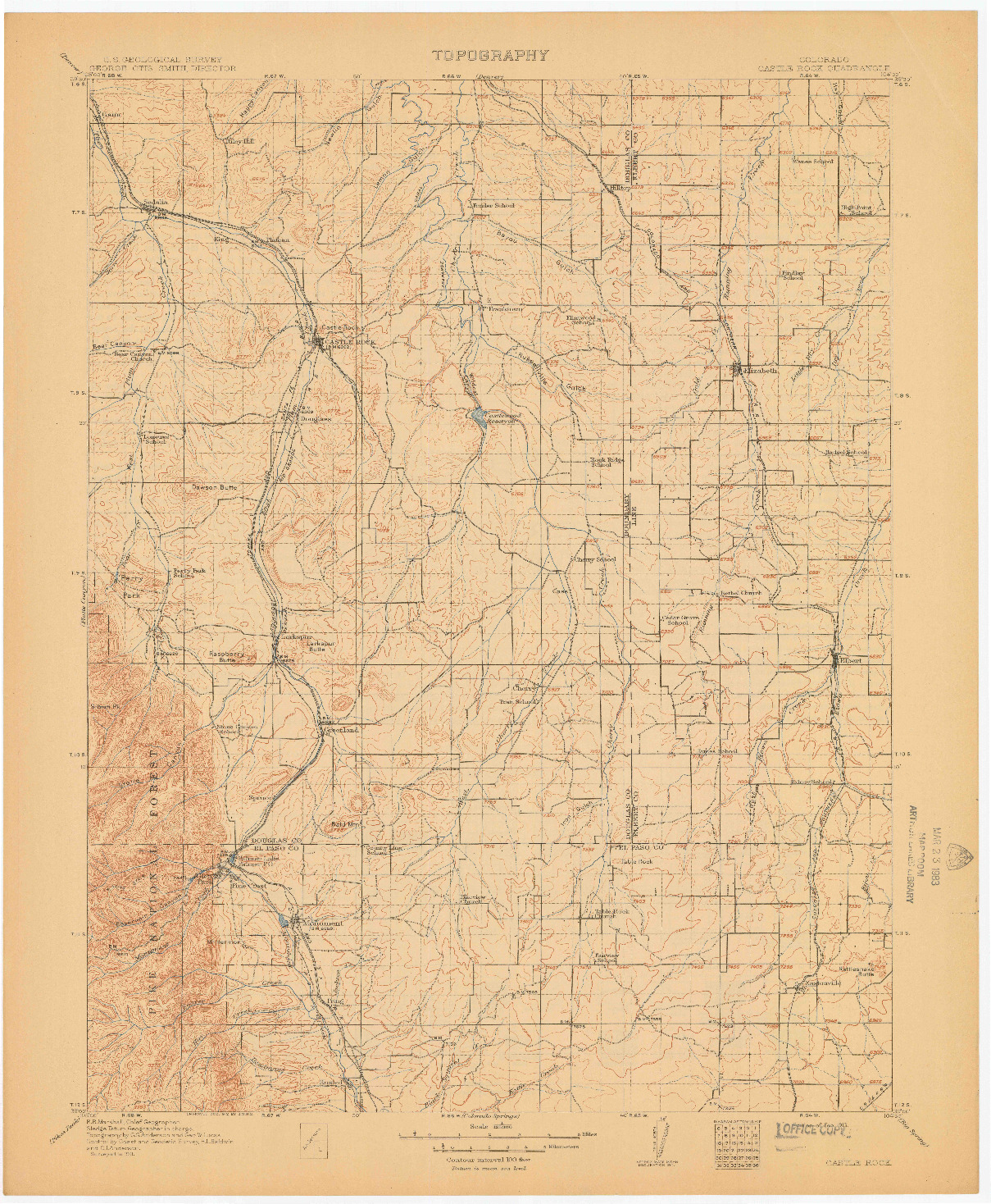 USGS 1:125000-SCALE QUADRANGLE FOR CASTLE ROCK, CO 1913