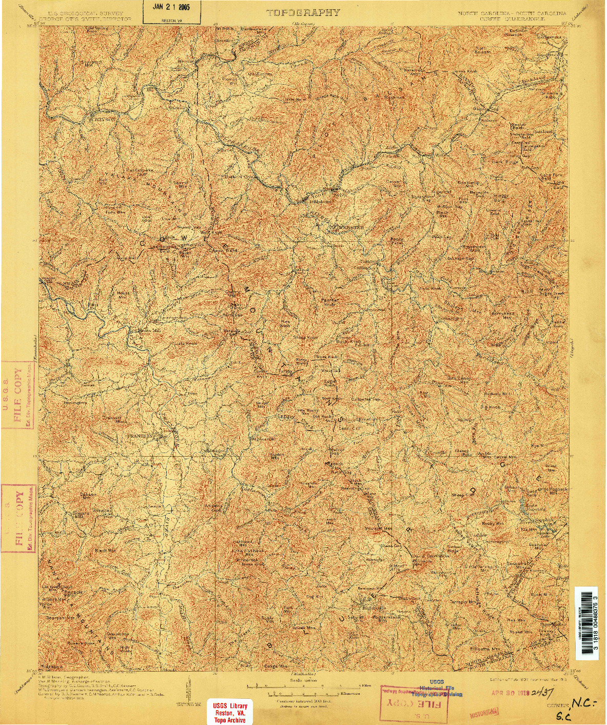 USGS 1:125000-SCALE QUADRANGLE FOR COWEE, NC 1907