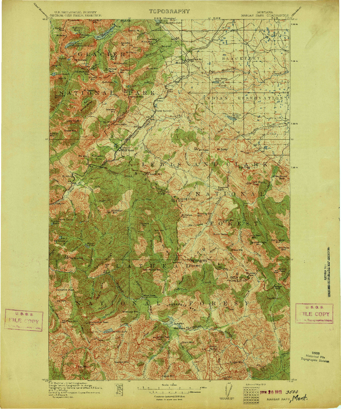 USGS 1:125000-SCALE QUADRANGLE FOR MARIAS PASS, MT 1913