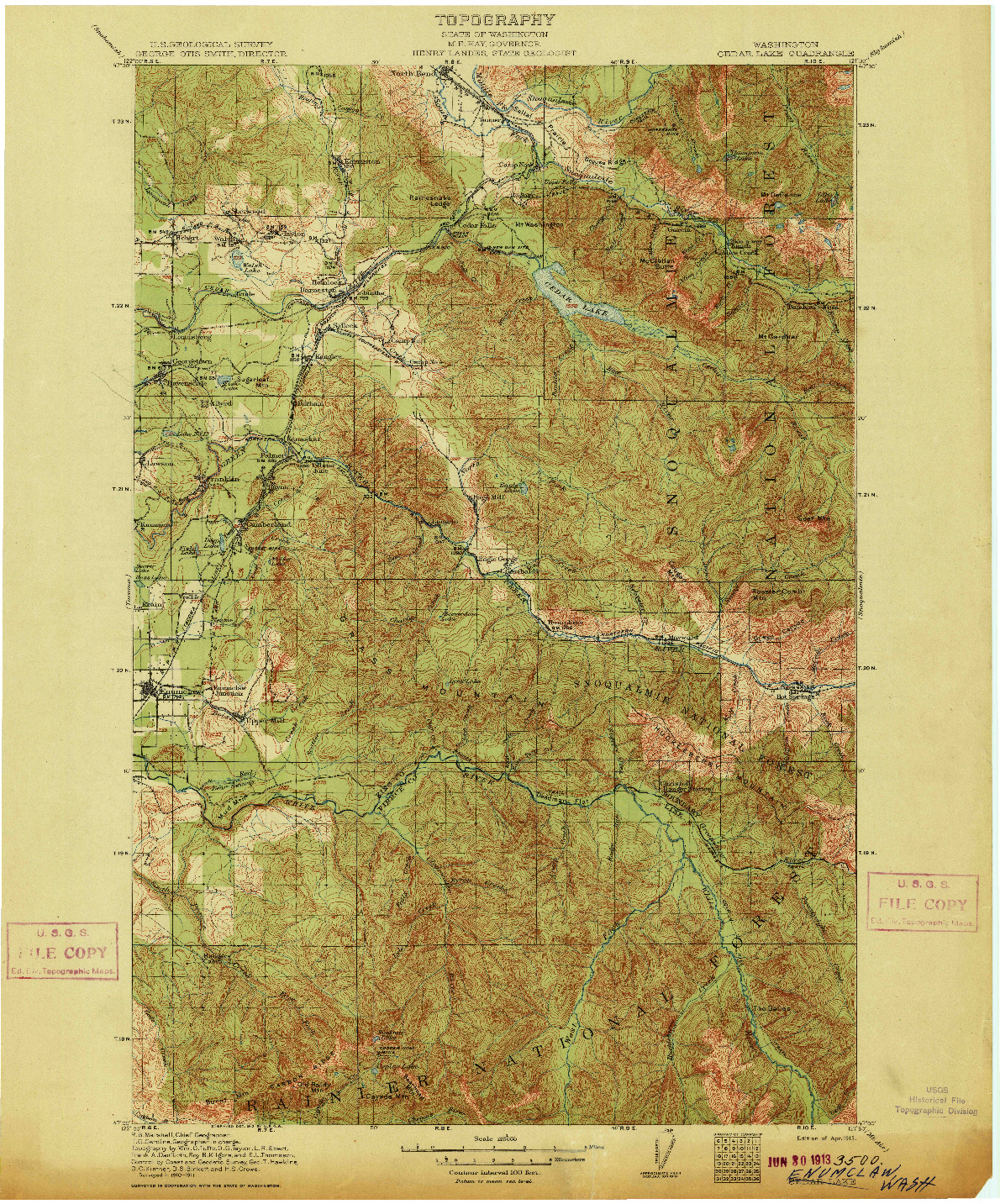 USGS 1:125000-SCALE QUADRANGLE FOR CEDAR LAKE, WA 1913