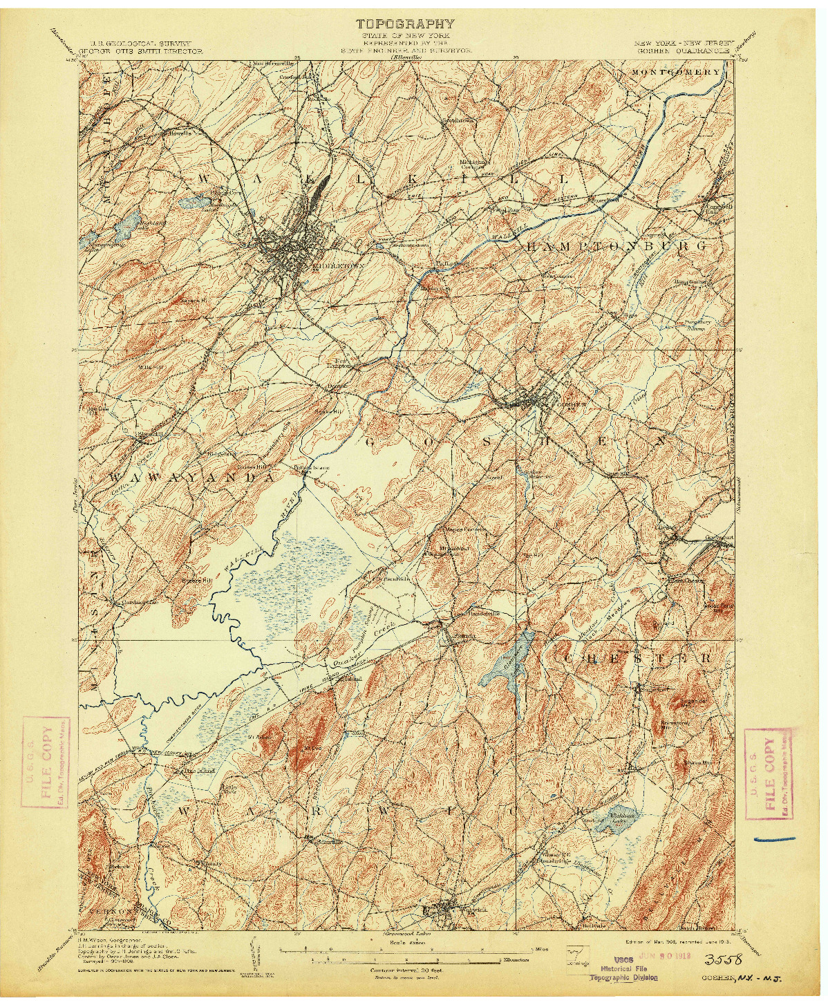 USGS 1:62500-SCALE QUADRANGLE FOR GOSHEN, NY 1908