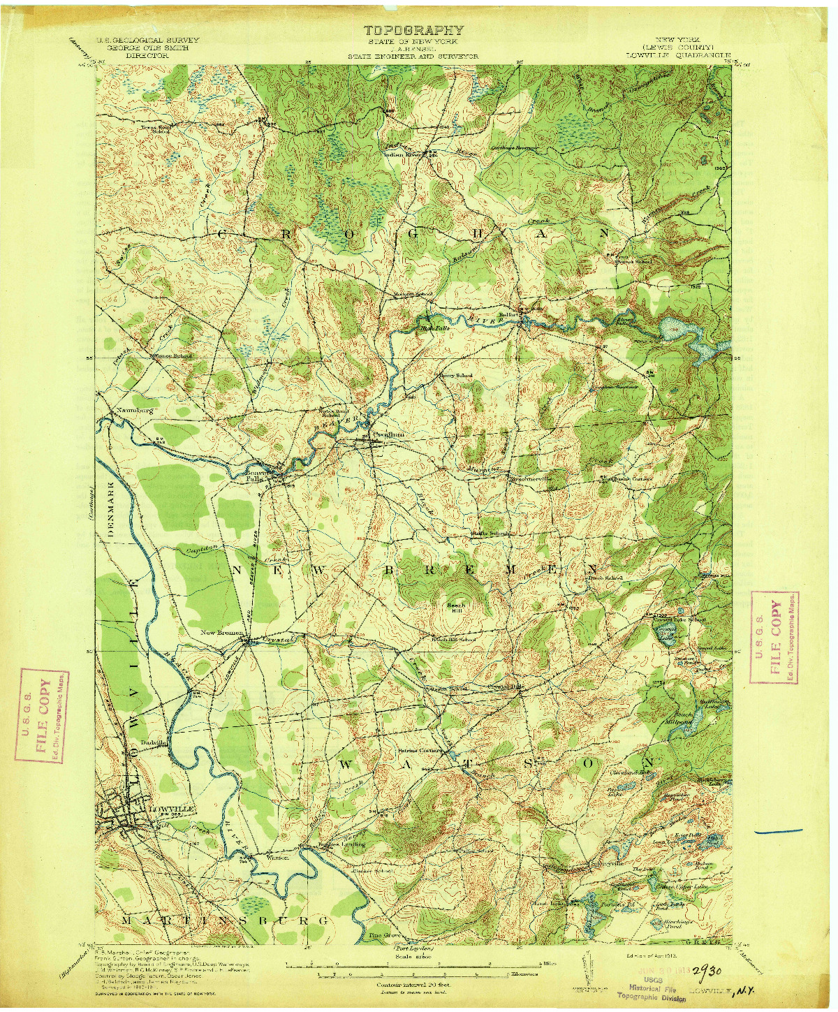 USGS 1:62500-SCALE QUADRANGLE FOR LOWVILLE, NY 1913