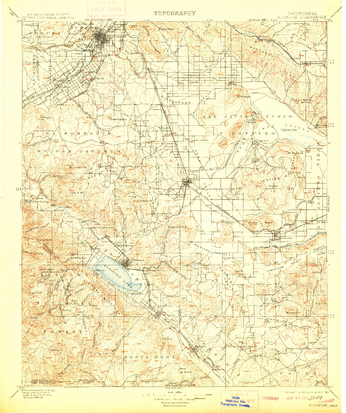 USGS 1:125000-SCALE QUADRANGLE FOR ELSINORE, CA 1901