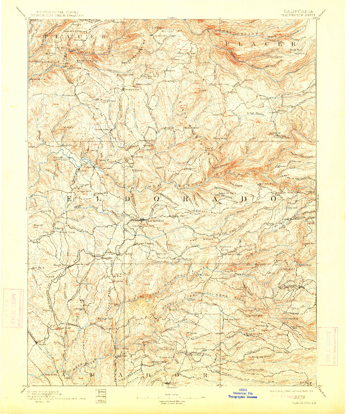 USGS 1:125000-SCALE QUADRANGLE FOR PLACERVILLE, CA 1893