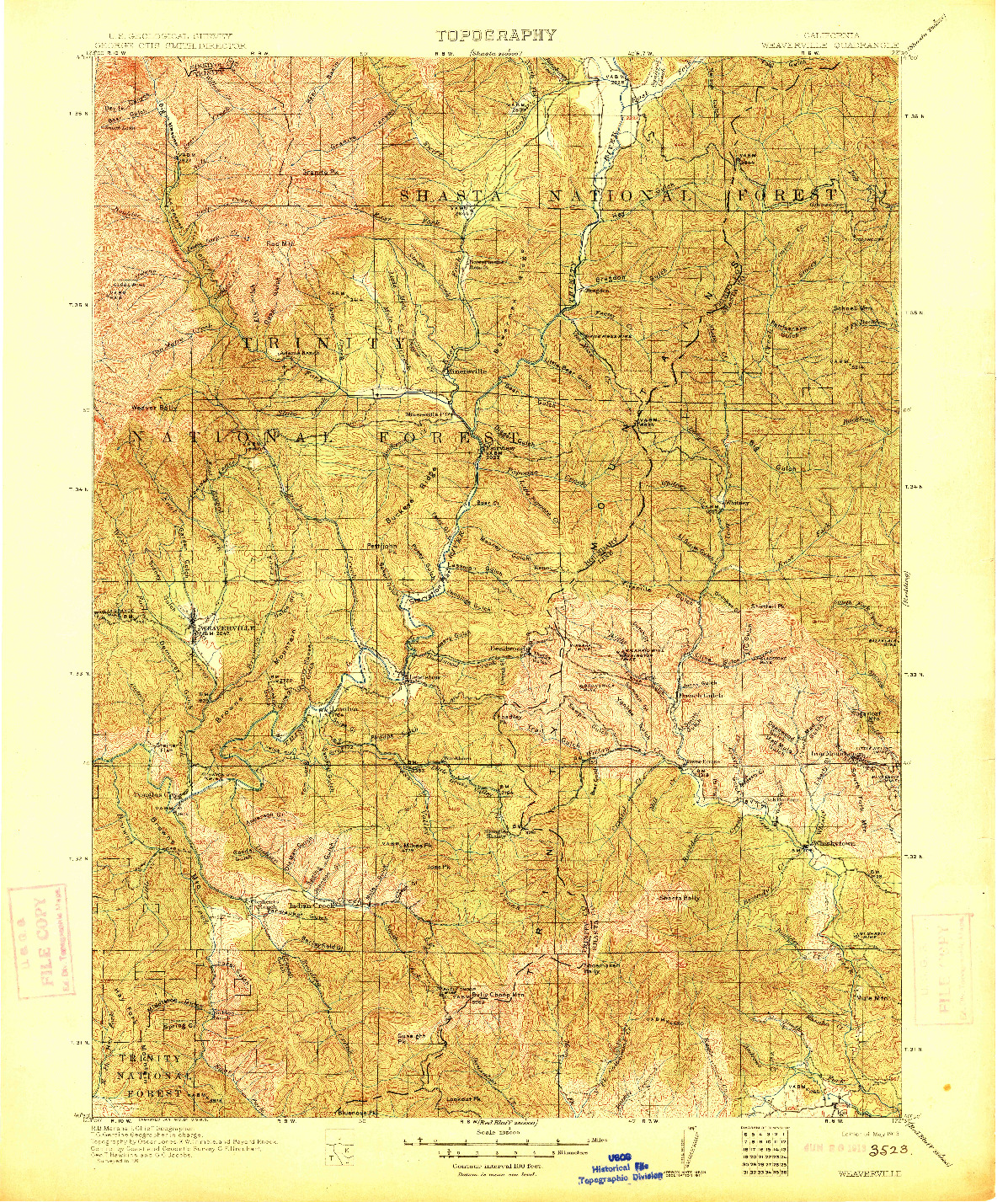 USGS 1:125000-SCALE QUADRANGLE FOR WEAVERVILLE, CA 1913