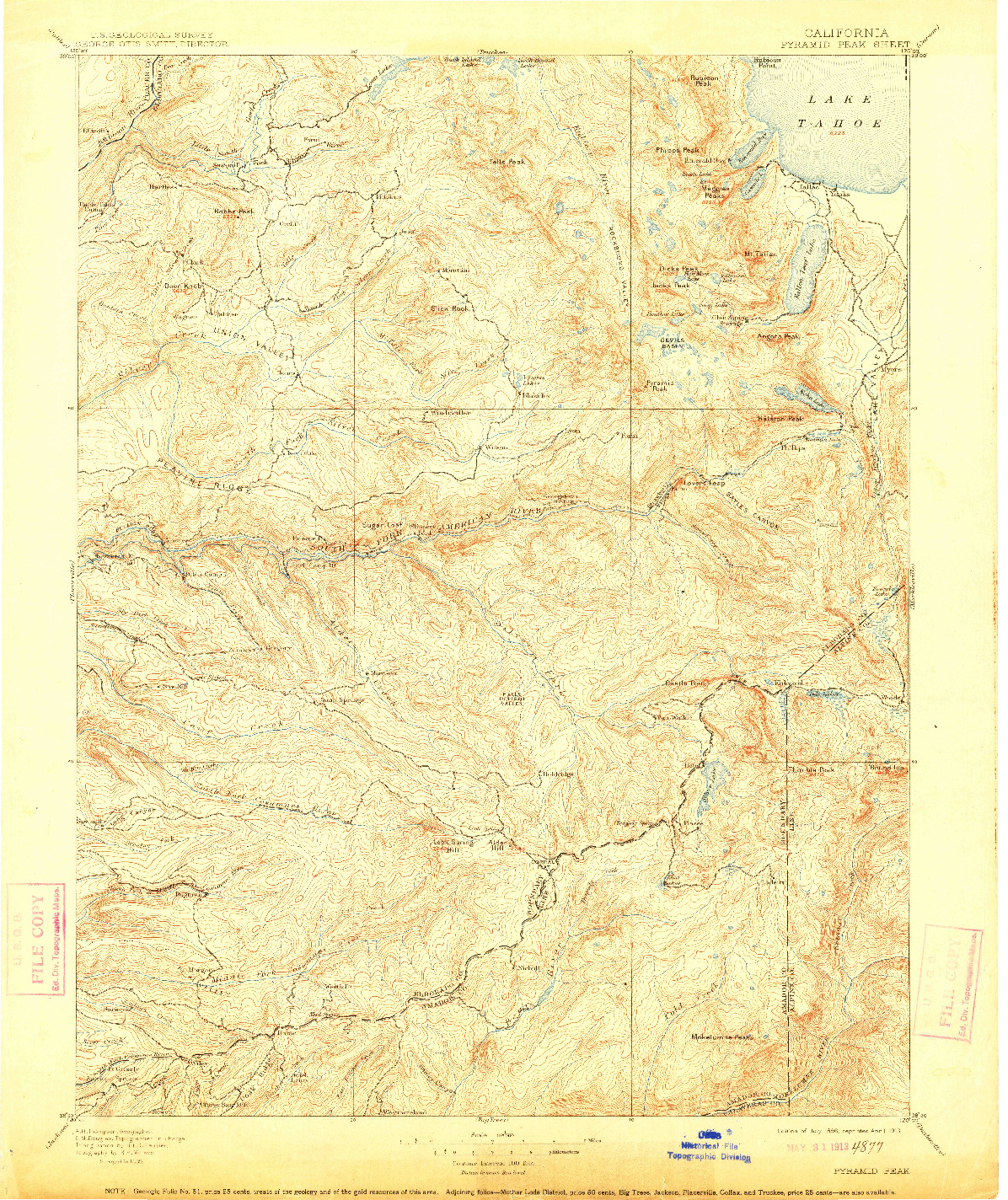 USGS 1:125000-SCALE QUADRANGLE FOR PYRAMID PEAK, CA 1896