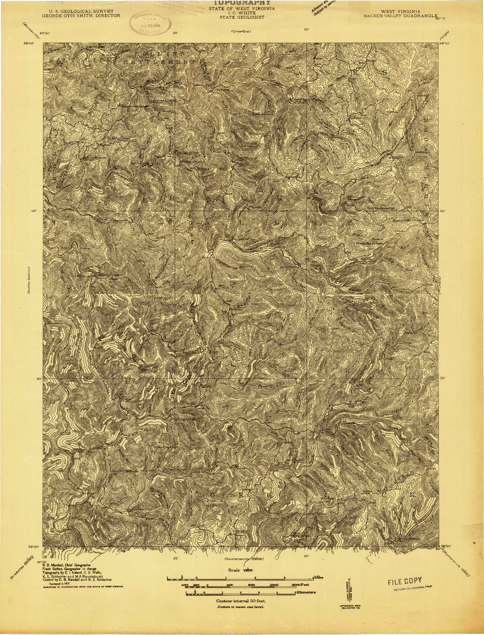 USGS 1:48000-SCALE QUADRANGLE FOR HACKER VALLEY, WV 1913