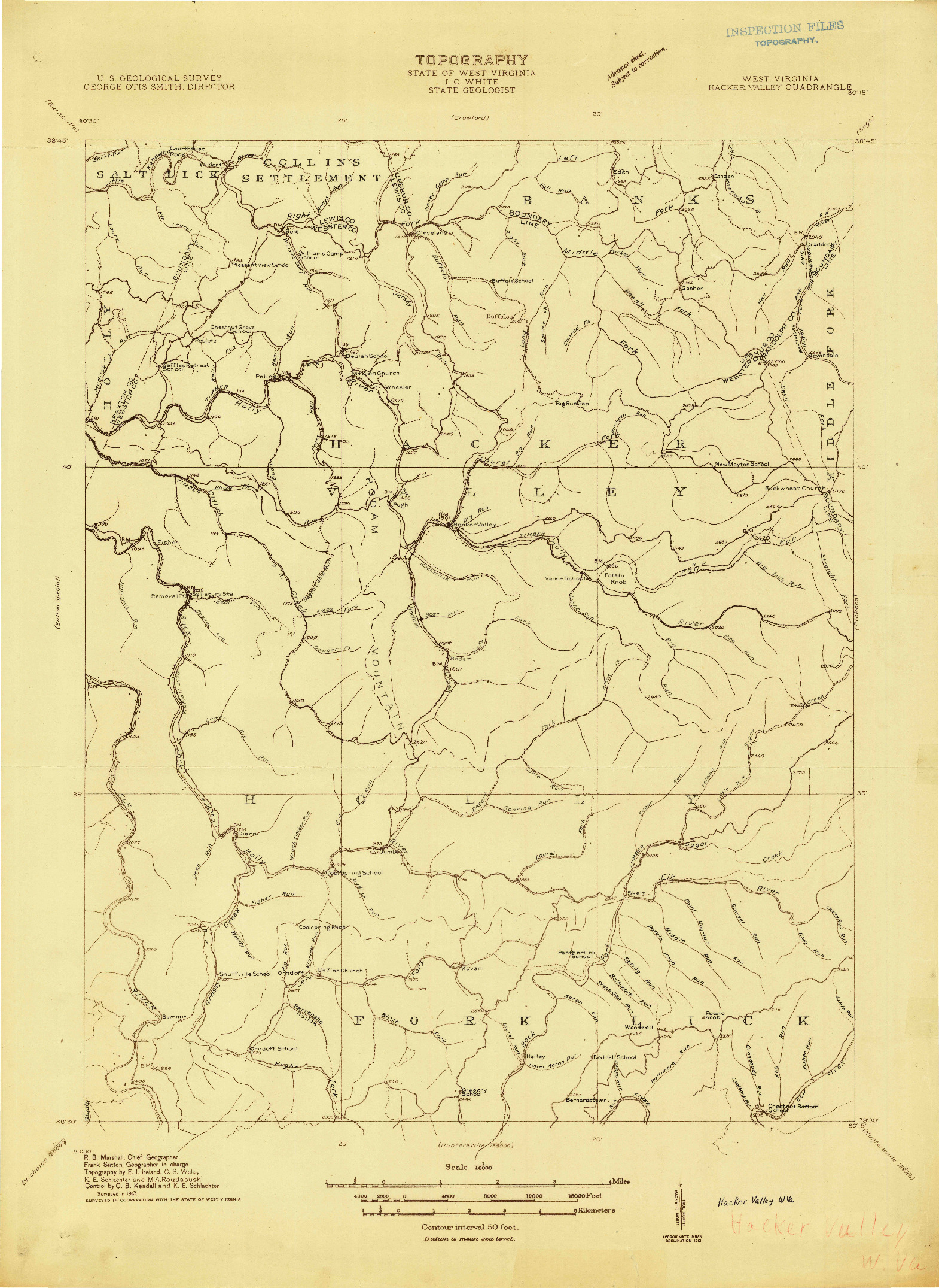 USGS 1:48000-SCALE QUADRANGLE FOR HACKER VALLEY, WV 1913