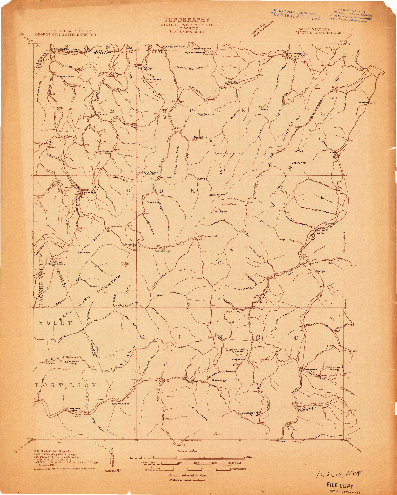 USGS 1:48000-SCALE QUADRANGLE FOR PICKENS, WV 1913