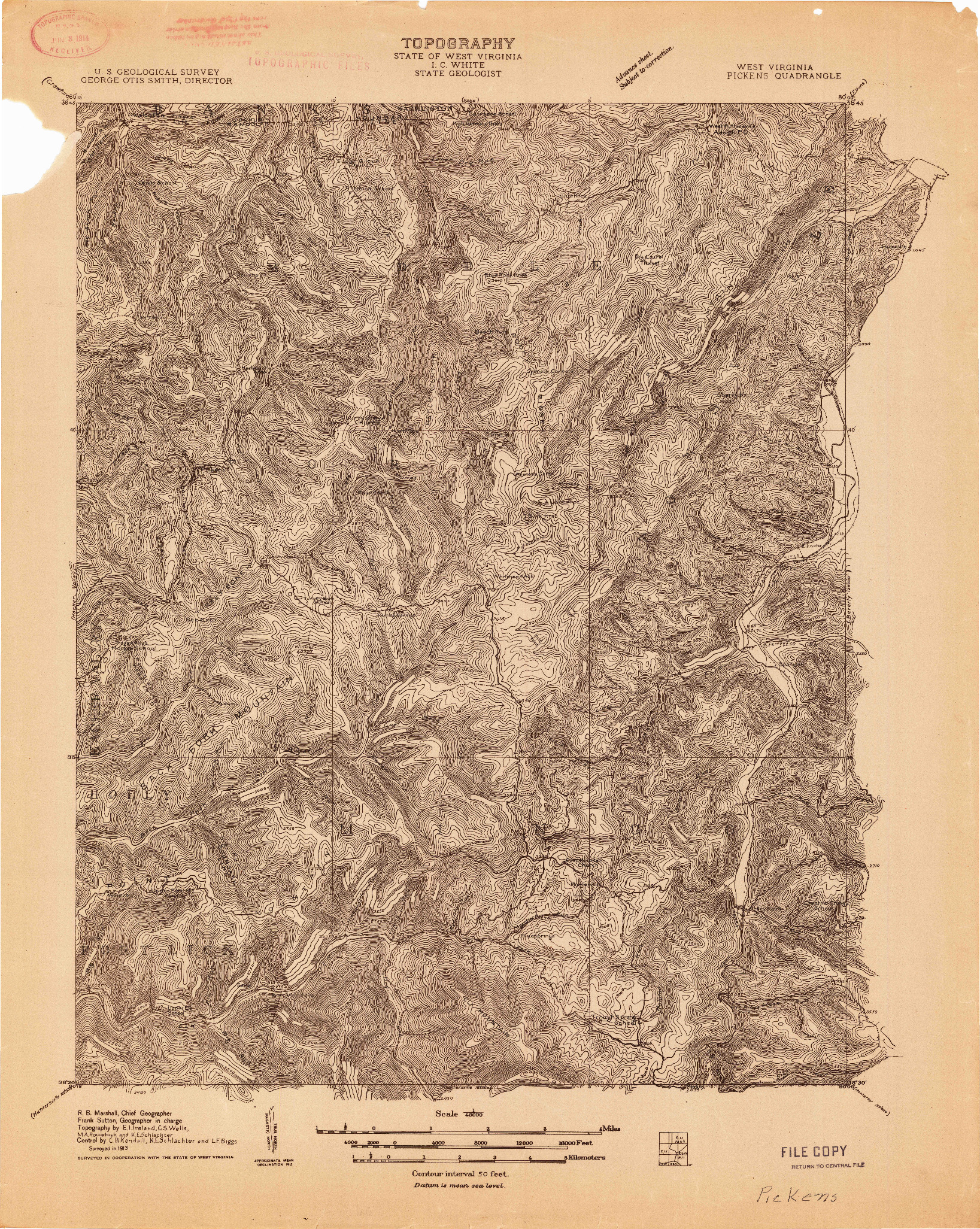 USGS 1:48000-SCALE QUADRANGLE FOR PICKENS, WV 1913