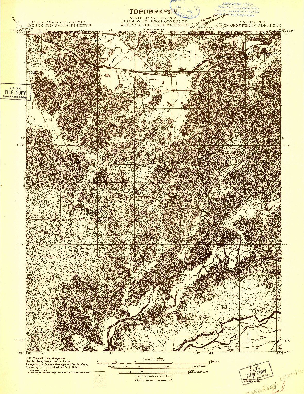 USGS 1:31680-SCALE QUADRANGLE FOR DICKENSON, CA 1913