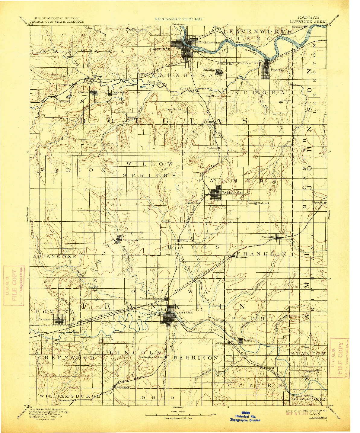 USGS 1:125000-SCALE QUADRANGLE FOR LAWRENCE, KS 1889