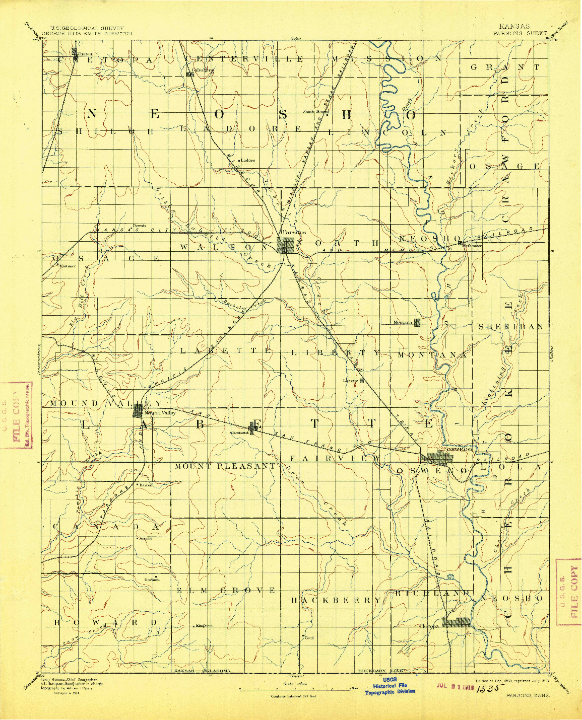 USGS 1:125000-SCALE QUADRANGLE FOR PARSONS, KS 1893