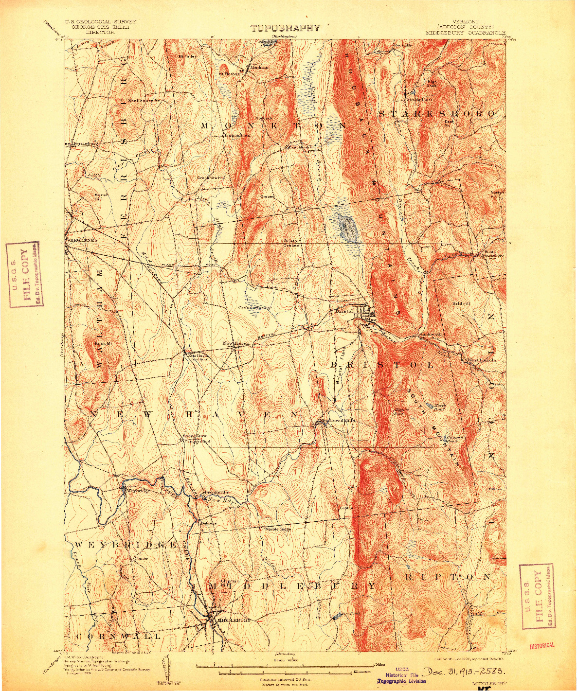 USGS 1:62500-SCALE QUADRANGLE FOR MIDDLEBURY, VT 1905