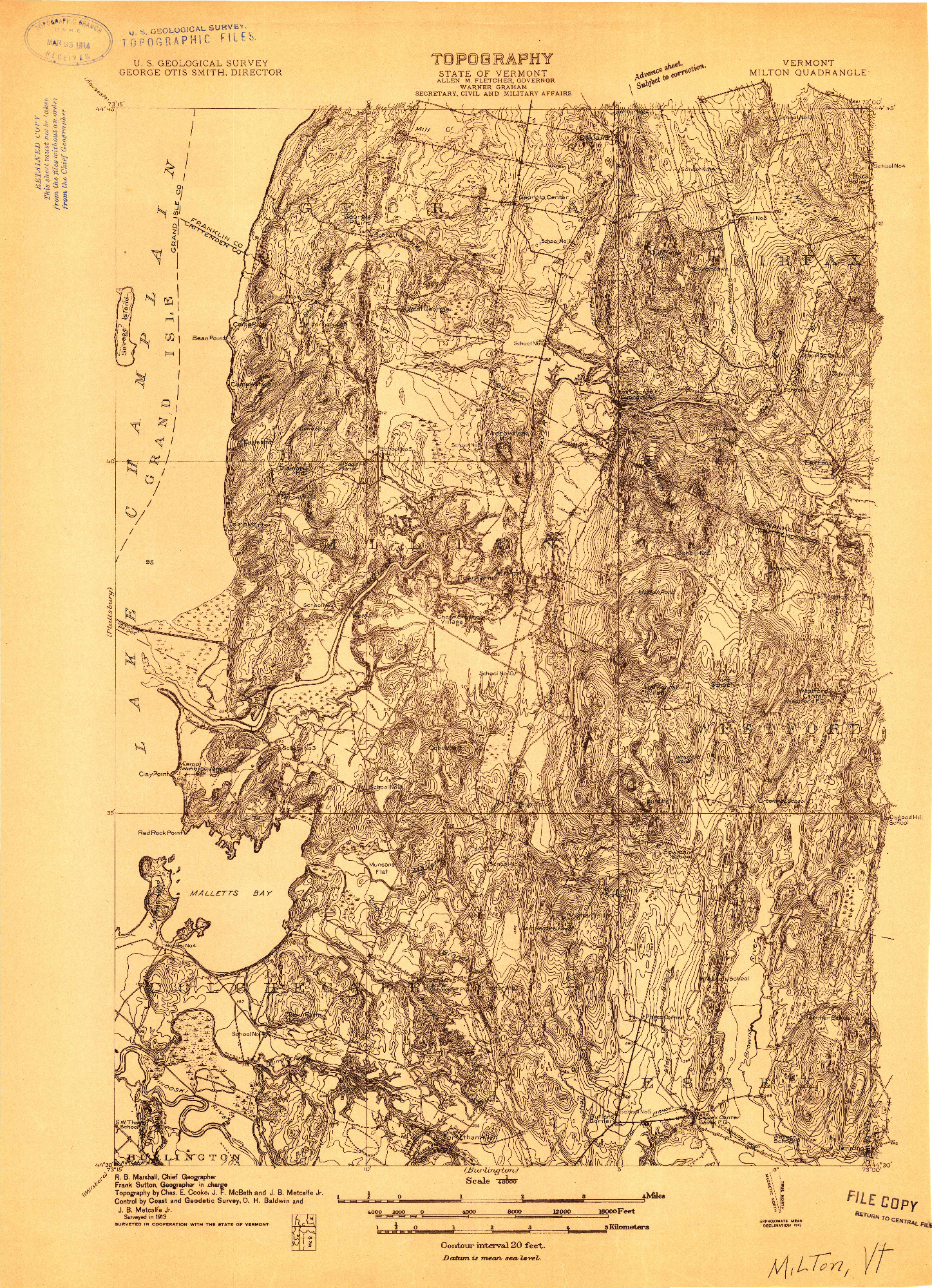 USGS 1:48000-SCALE QUADRANGLE FOR MILTON, VT 1913