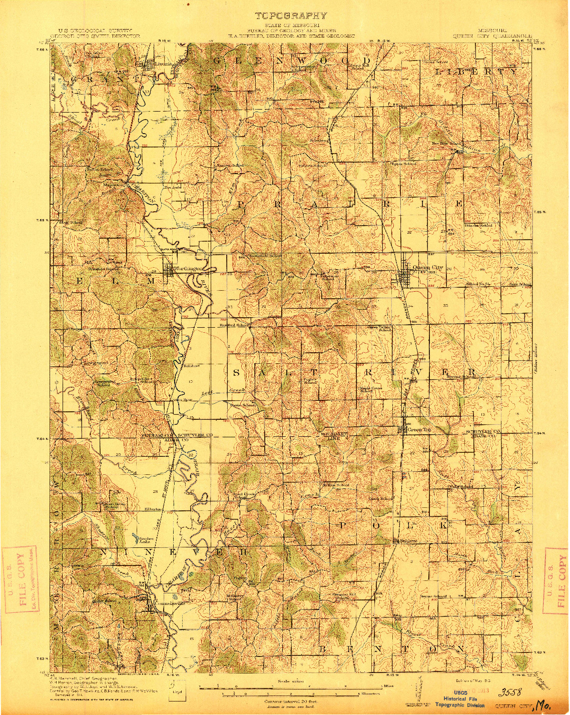 USGS 1:62500-SCALE QUADRANGLE FOR QUEEN CITY, MO 1913