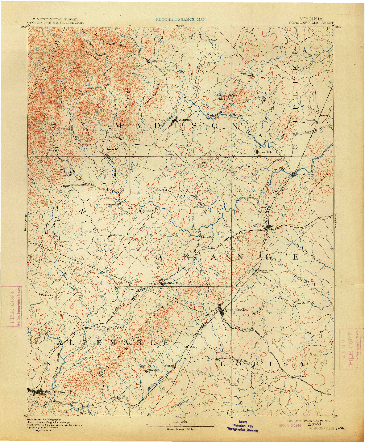 USGS 1:125000-SCALE QUADRANGLE FOR GORDONSVILLE, VA 1892