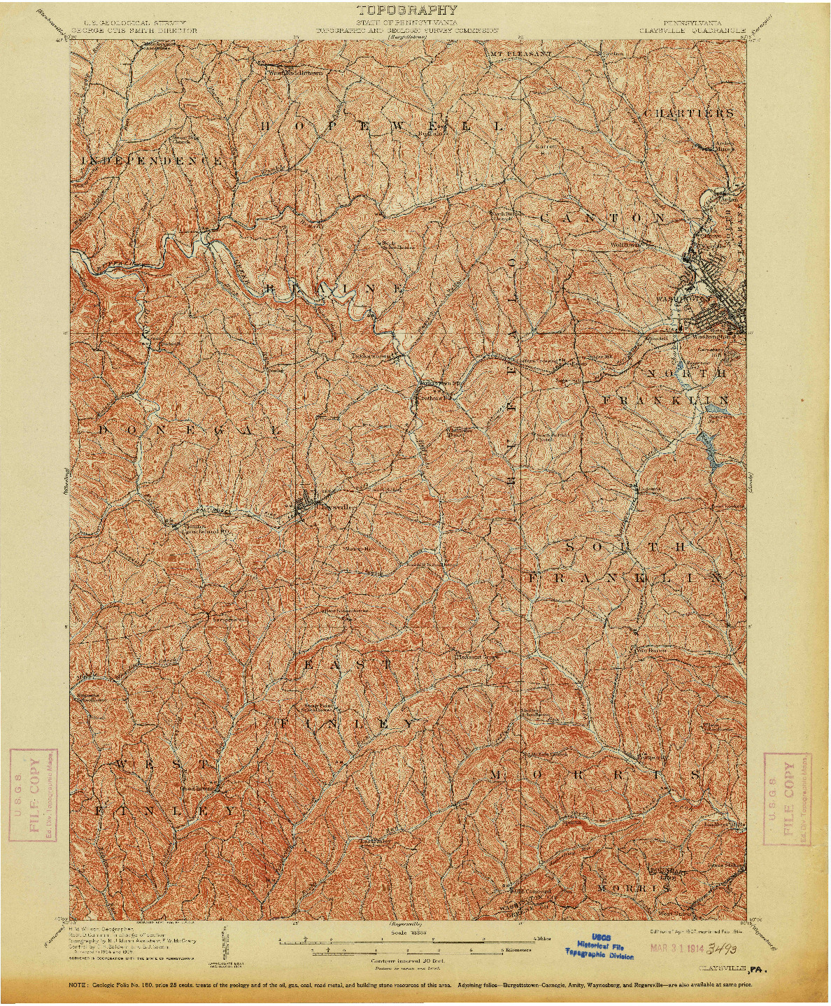USGS 1:62500-SCALE QUADRANGLE FOR CLAYSVILLE, PA 1907