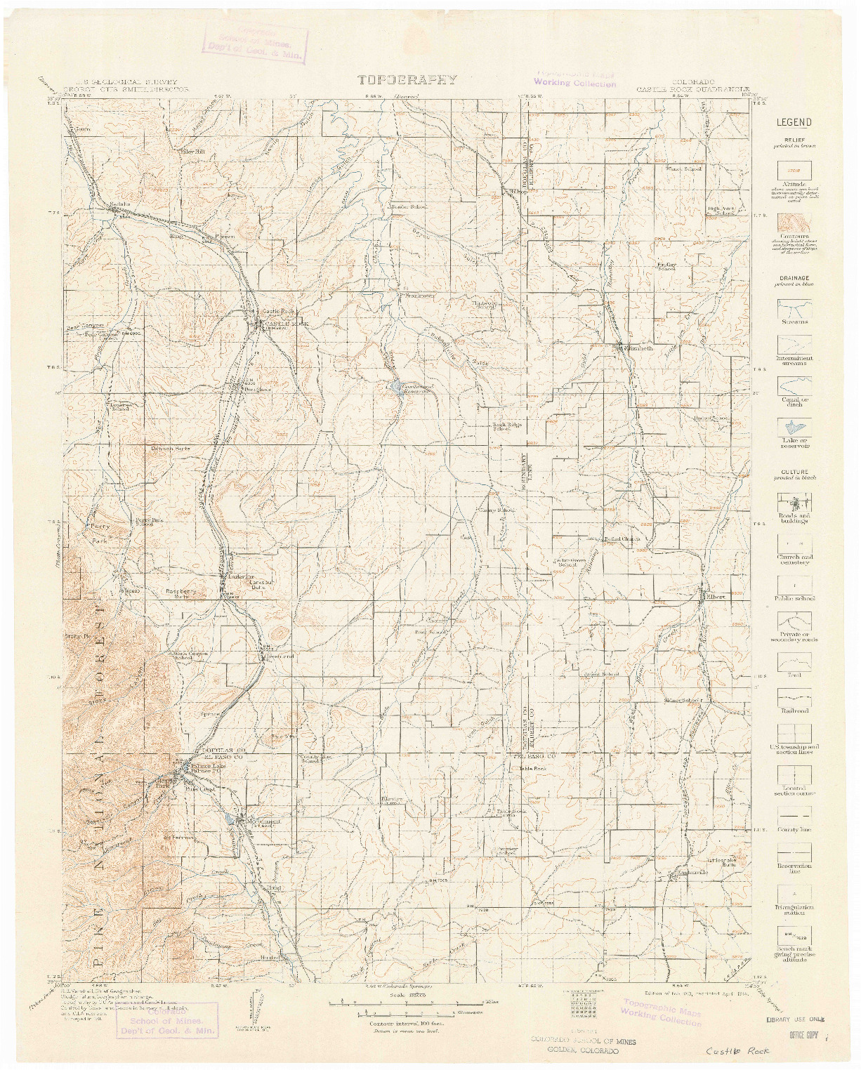 USGS 1:125000-SCALE QUADRANGLE FOR CASTLE ROCK, CO 1913