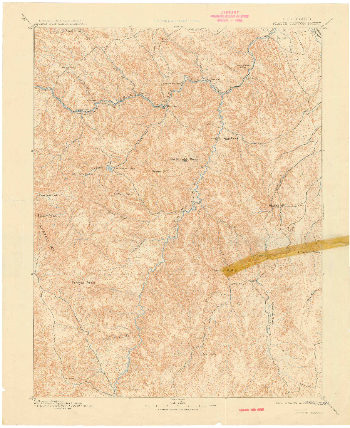 USGS 1:125000-SCALE QUADRANGLE FOR PLATTE CANYON, CO 1893