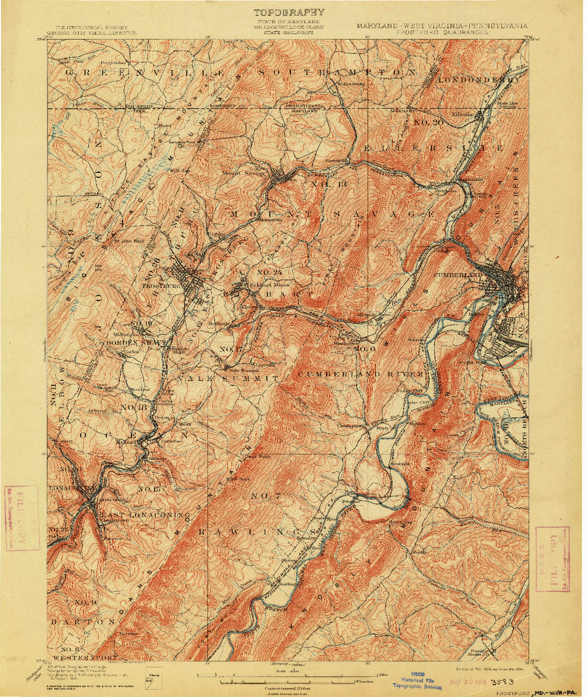 USGS 1:62500-SCALE QUADRANGLE FOR FROSTBURG, MD 1908