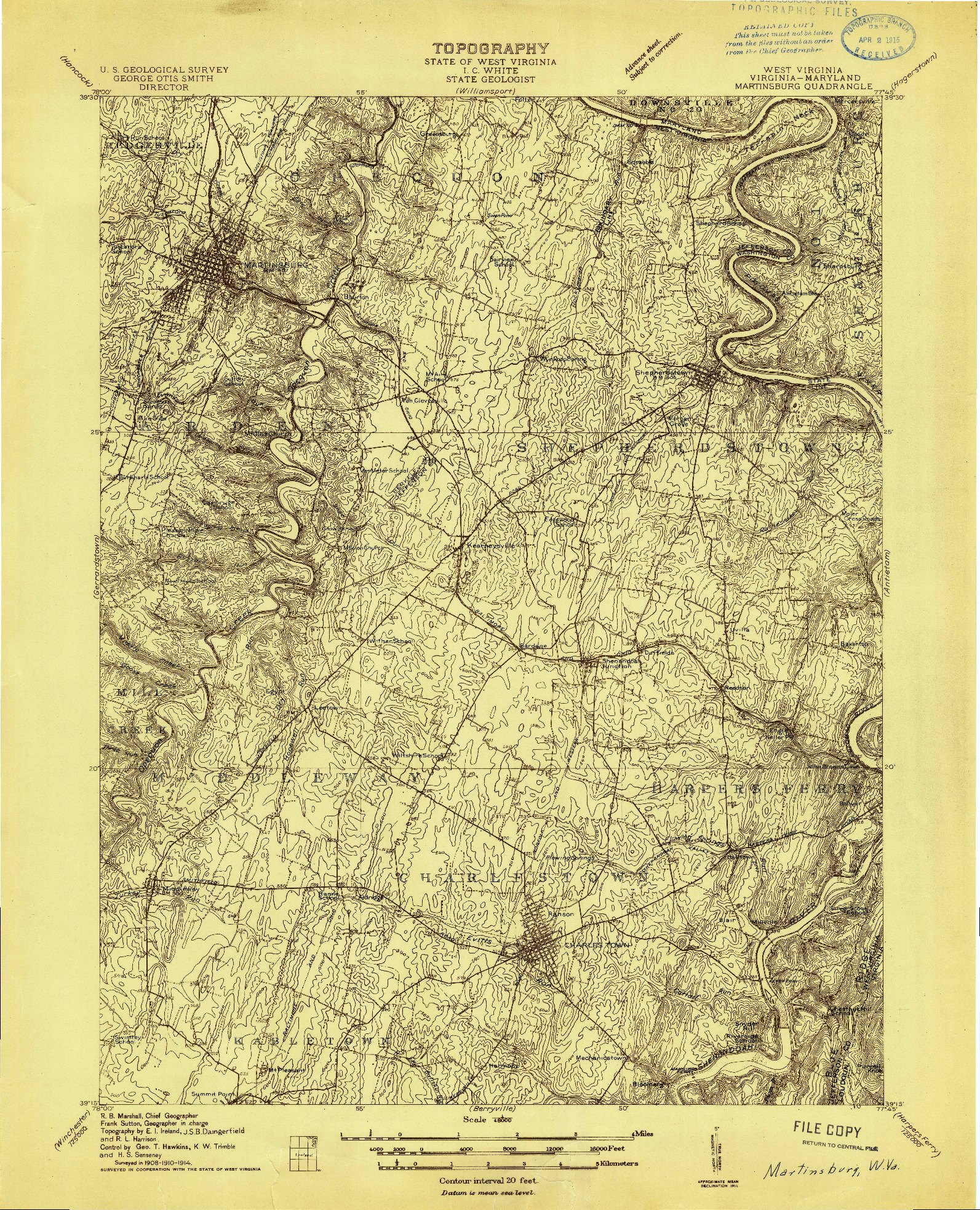 USGS 1:48000-SCALE QUADRANGLE FOR MARTINSBURG, WV 1914