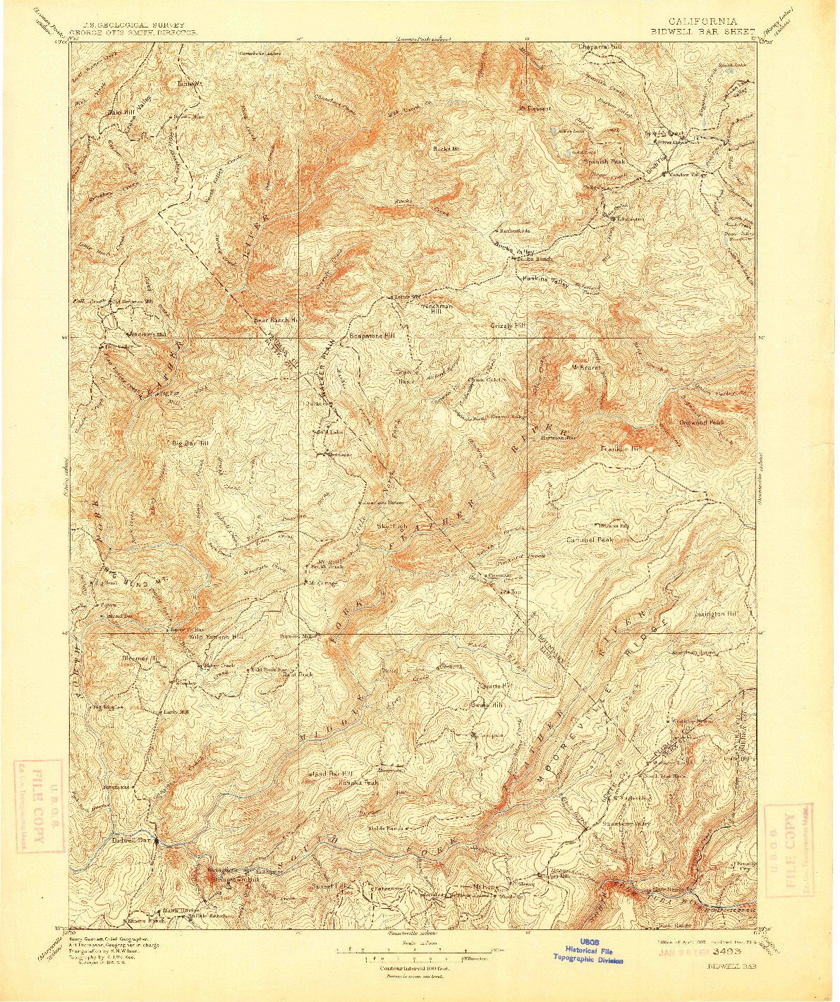 USGS 1:125000-SCALE QUADRANGLE FOR BIDWELL BAR, CA 1897