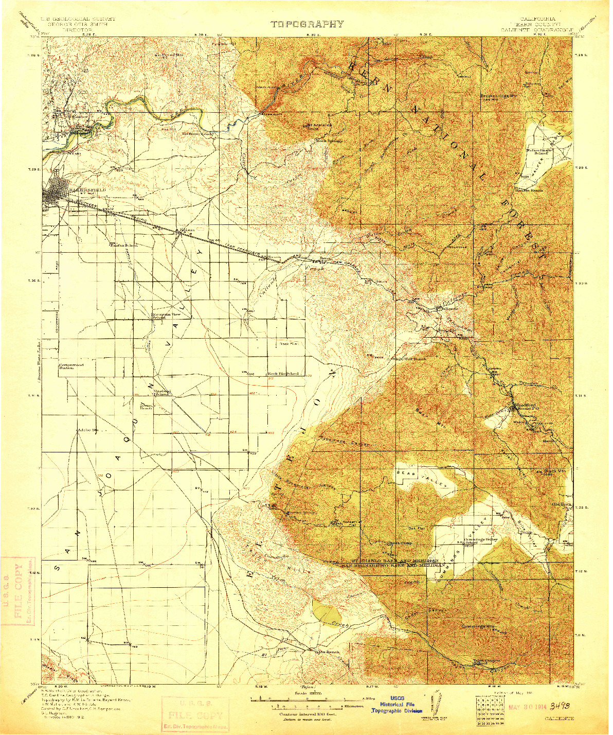 USGS 1:125000-SCALE QUADRANGLE FOR CALIENTE, CA 1914