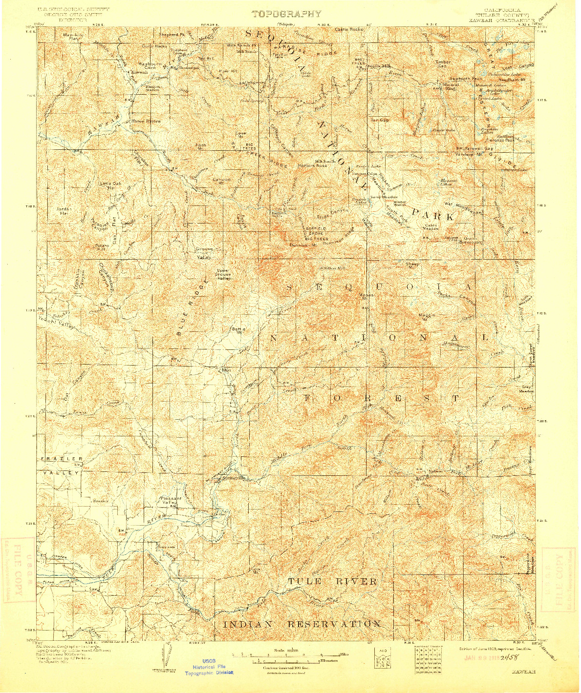 USGS 1:125000-SCALE QUADRANGLE FOR KAWEAH, CA 1909