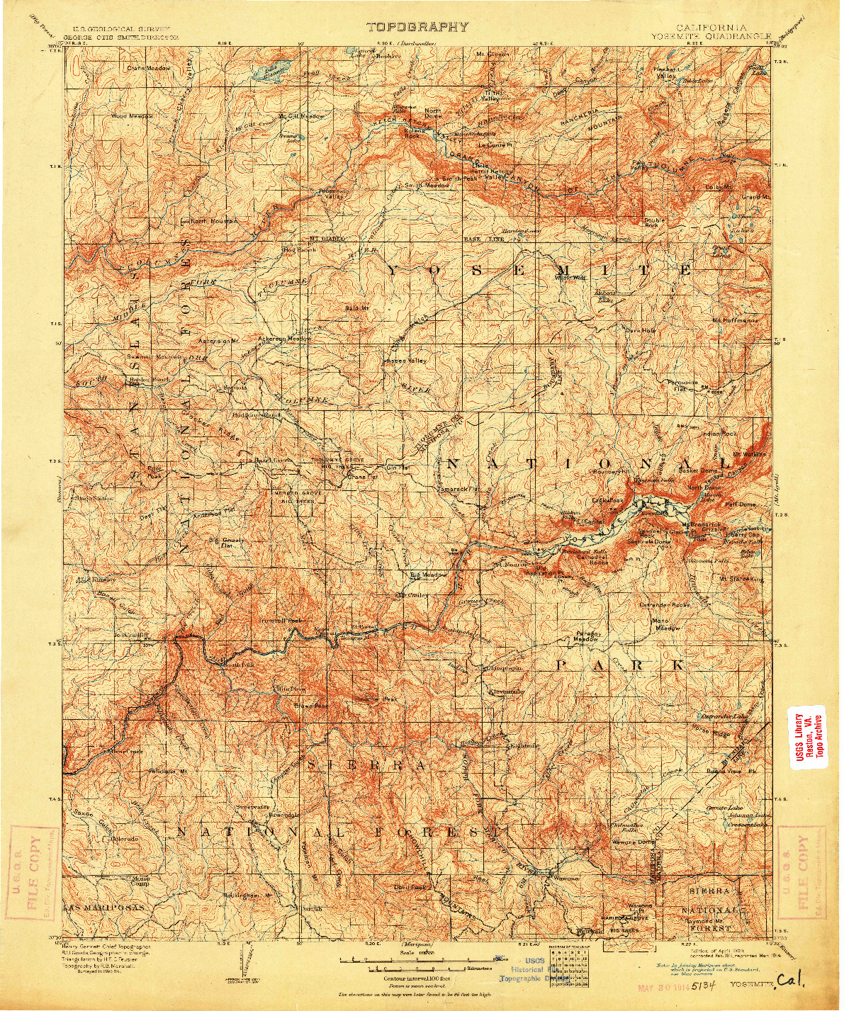 USGS 1:125000-SCALE QUADRANGLE FOR YOSEMITE, CA 1909