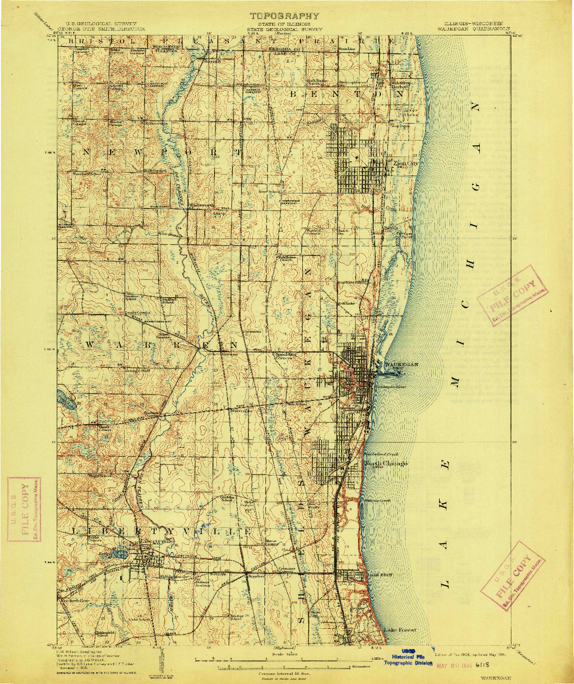 USGS 1:62500-SCALE QUADRANGLE FOR WAUKEGAN, IL 1908
