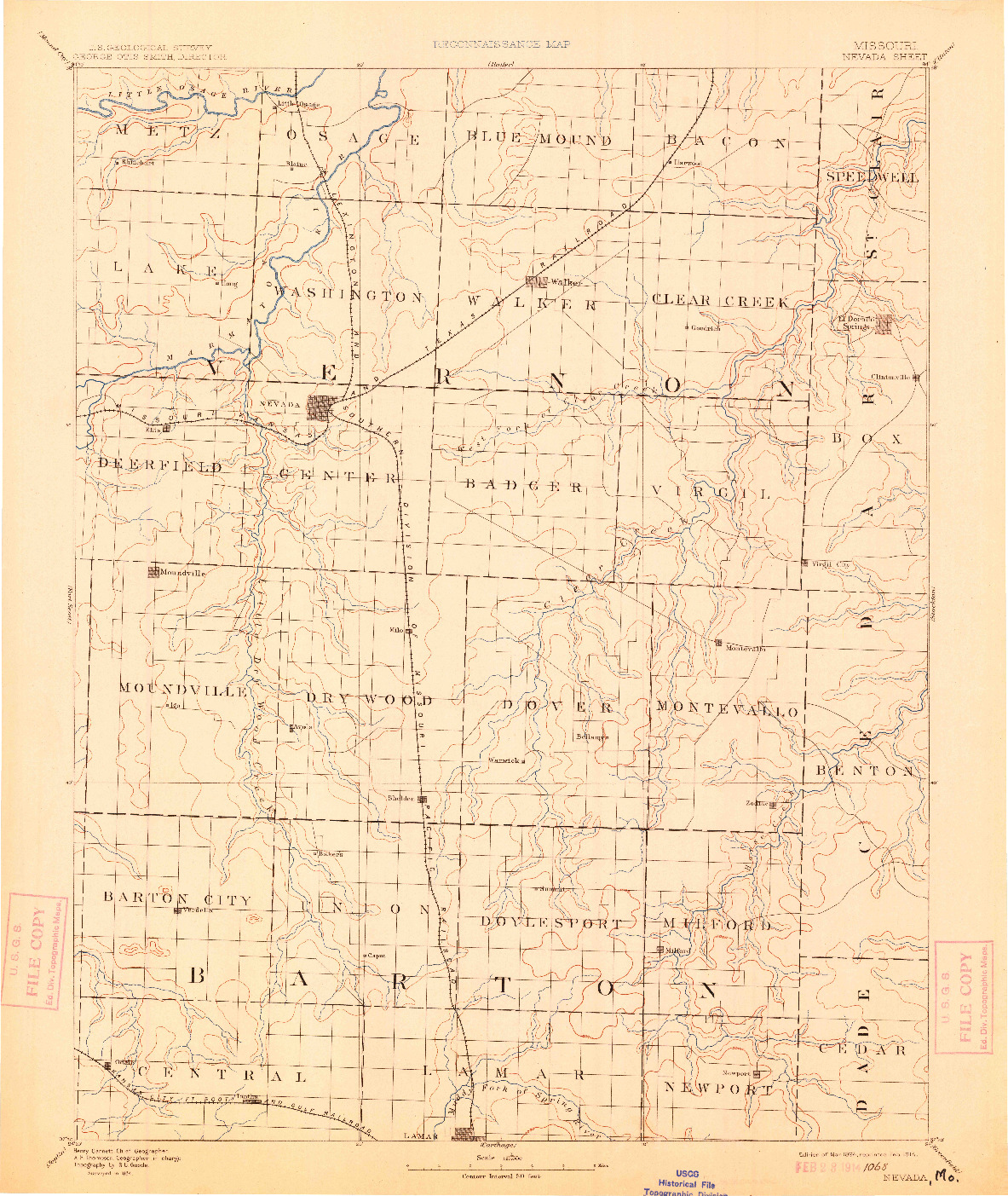 USGS 1:125000-SCALE QUADRANGLE FOR NEVADA, MO 1894