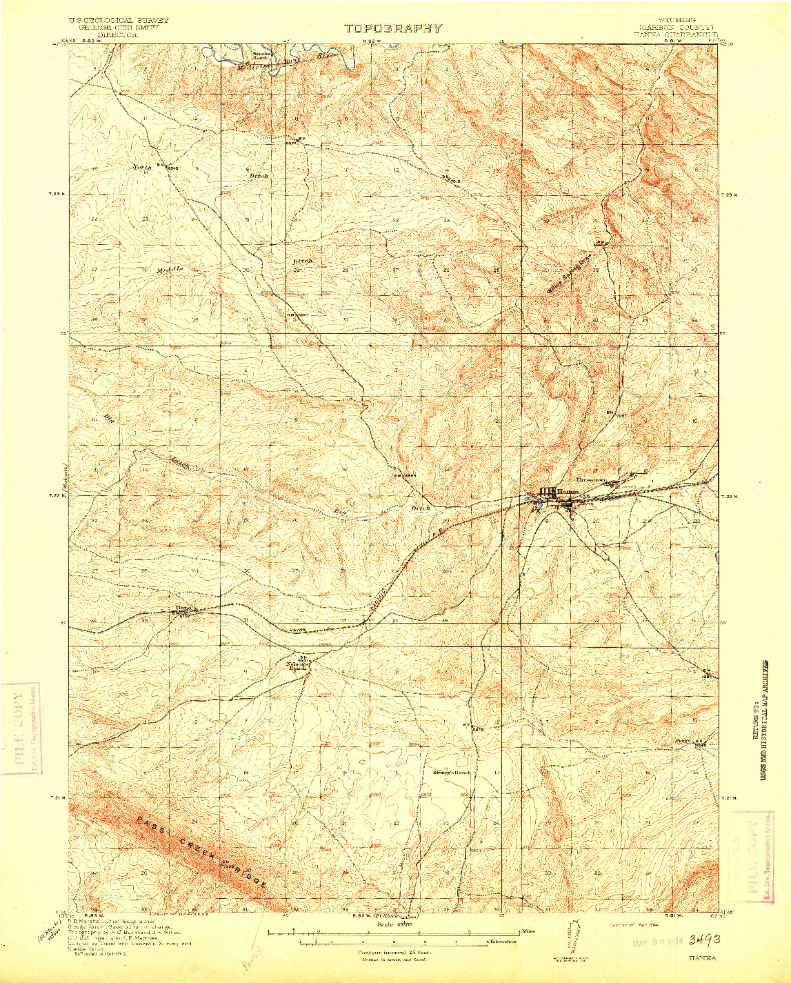 USGS 1:62500-SCALE QUADRANGLE FOR HANNA, WY 1914