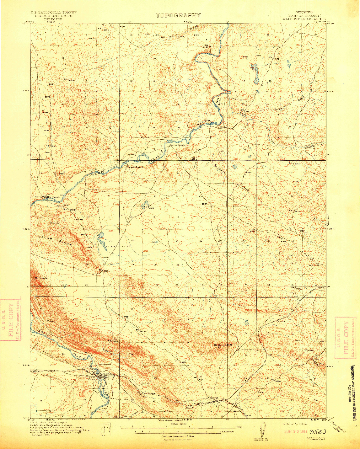 USGS 1:62500-SCALE QUADRANGLE FOR WALCOTT, WY 1914