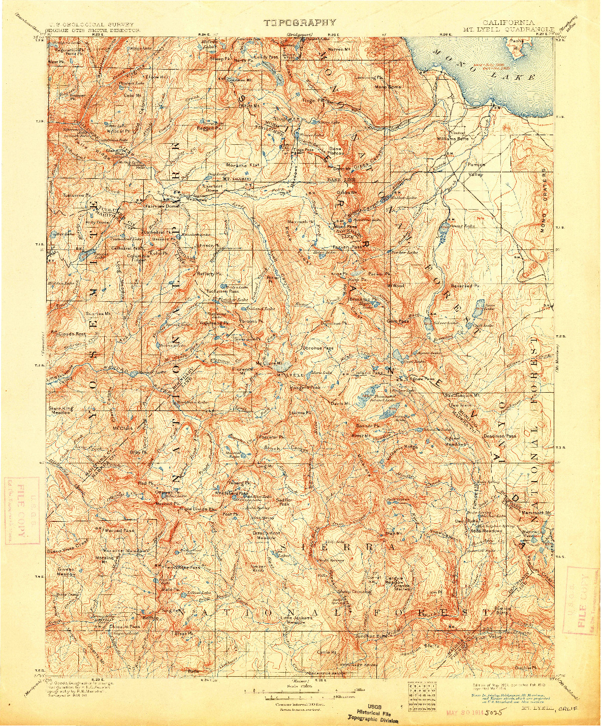 USGS 1:125000-SCALE QUADRANGLE FOR MT. LYELL, CA 1901