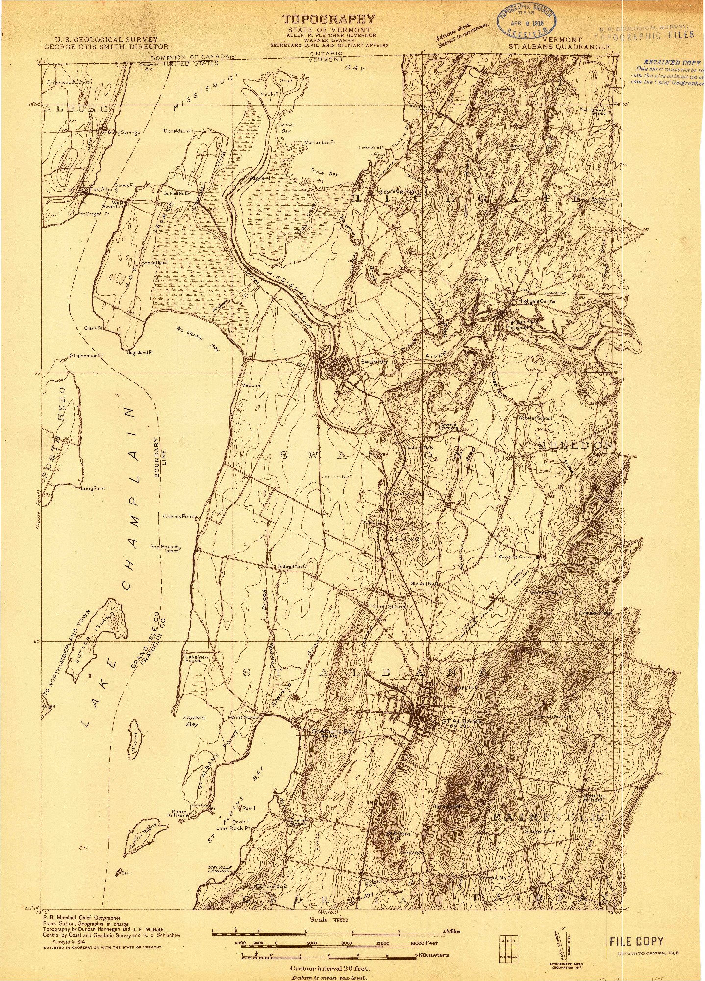 USGS 1:48000-SCALE QUADRANGLE FOR ST. ALBANS, VT 1914